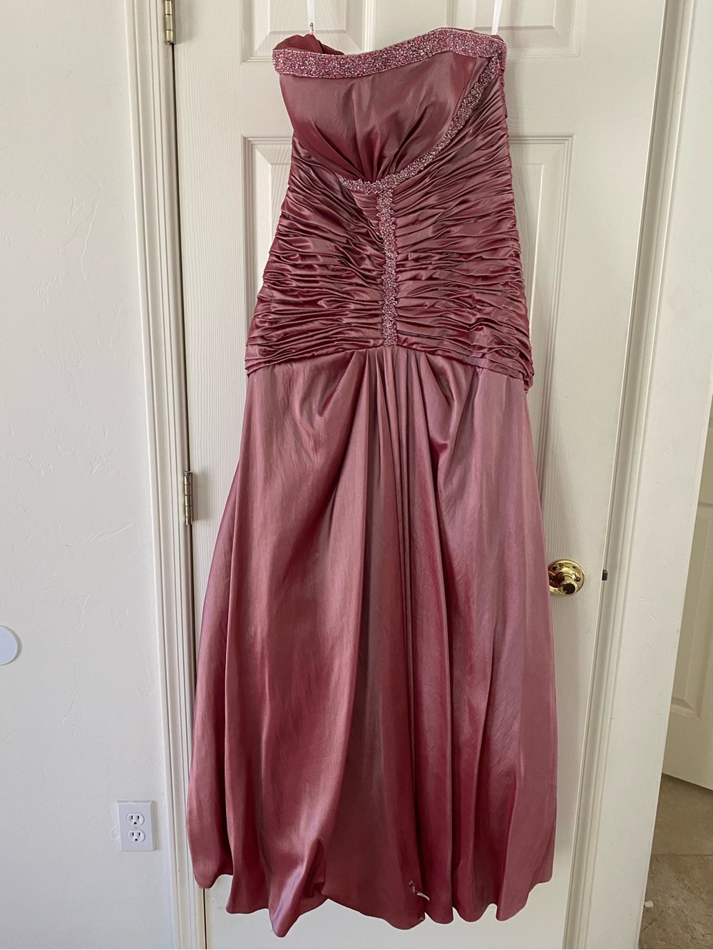 Xcite Prom Strapless Ruched Satin Gown in Dusty Rose